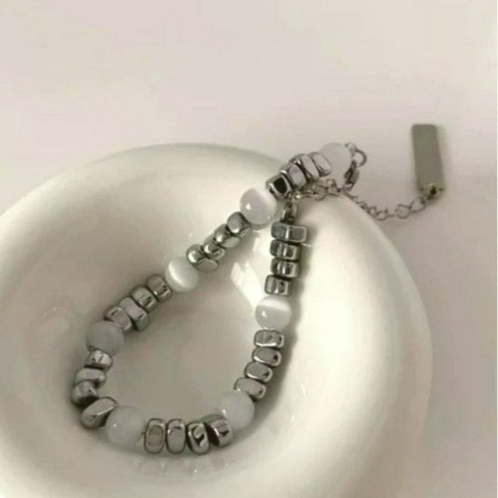 New Stainless Steel Metal Cats Eye‎ Beaded Bracelet 7in Extendable 2in